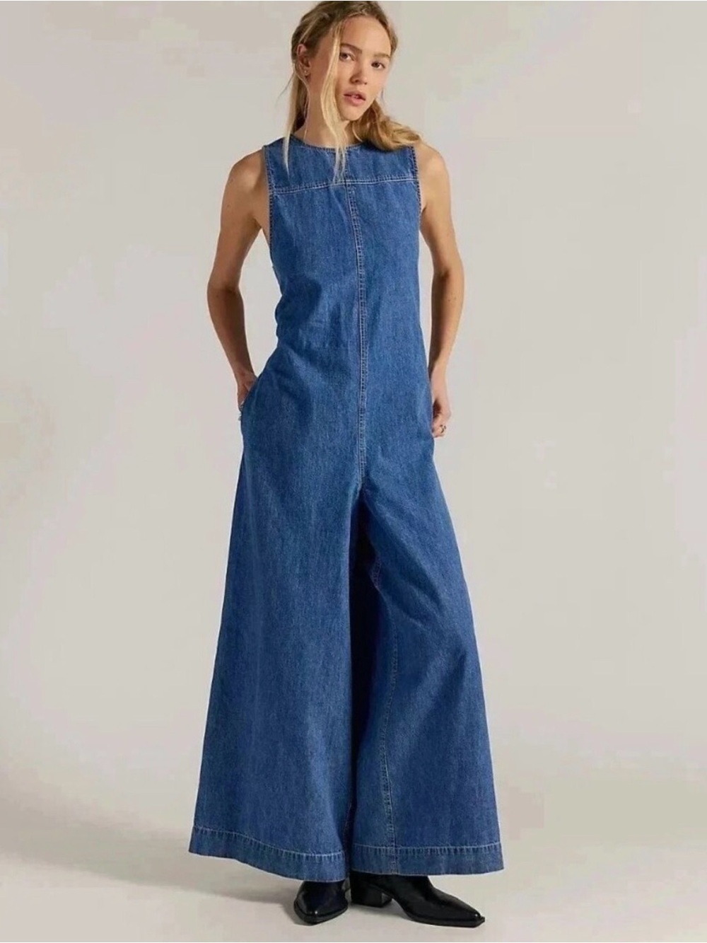 Free People Denim Sleeveless Wide-Leg Jumpsuit in Medium Blue